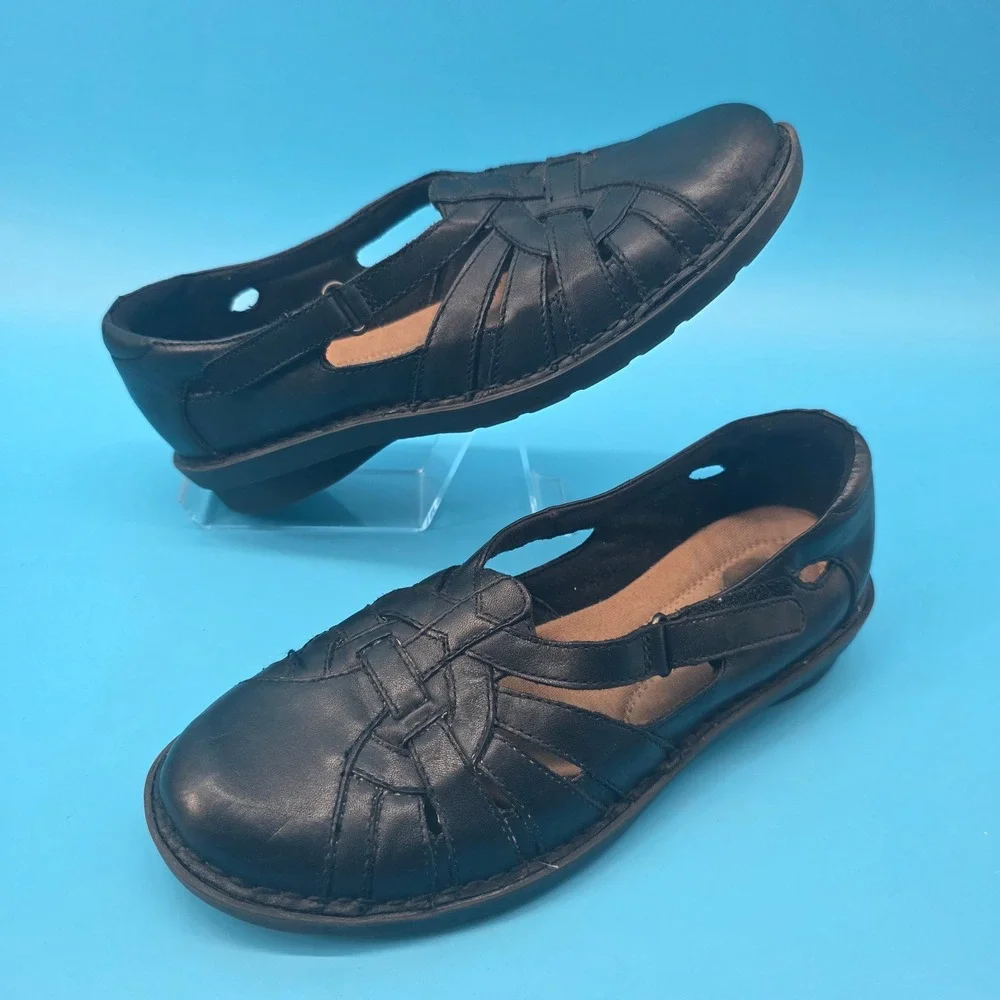 Clarks Womens Black Leather Fisherman Sandals 85716 Strappy Comfort Flats 7.5M
